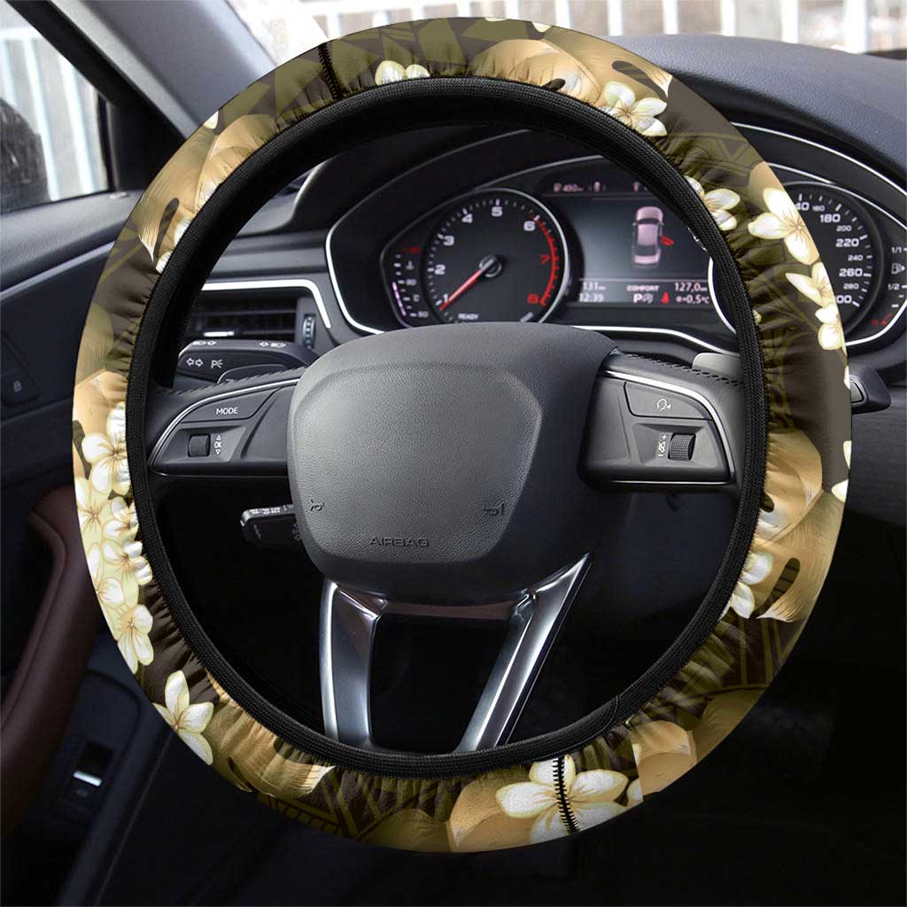 Gold Tropical Hawaii Steering Wheel Cover Seamless Monstera Plumeria Hawaiian Pattern - Polynesian Pride