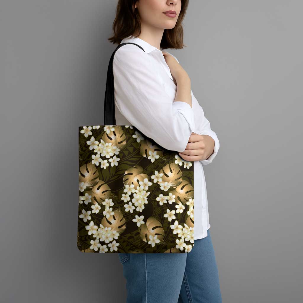 Gold Tropical Hawaii Tote Bag Seamless Monstera Plumeria Hawaiian Pattern - Polynesian Pride