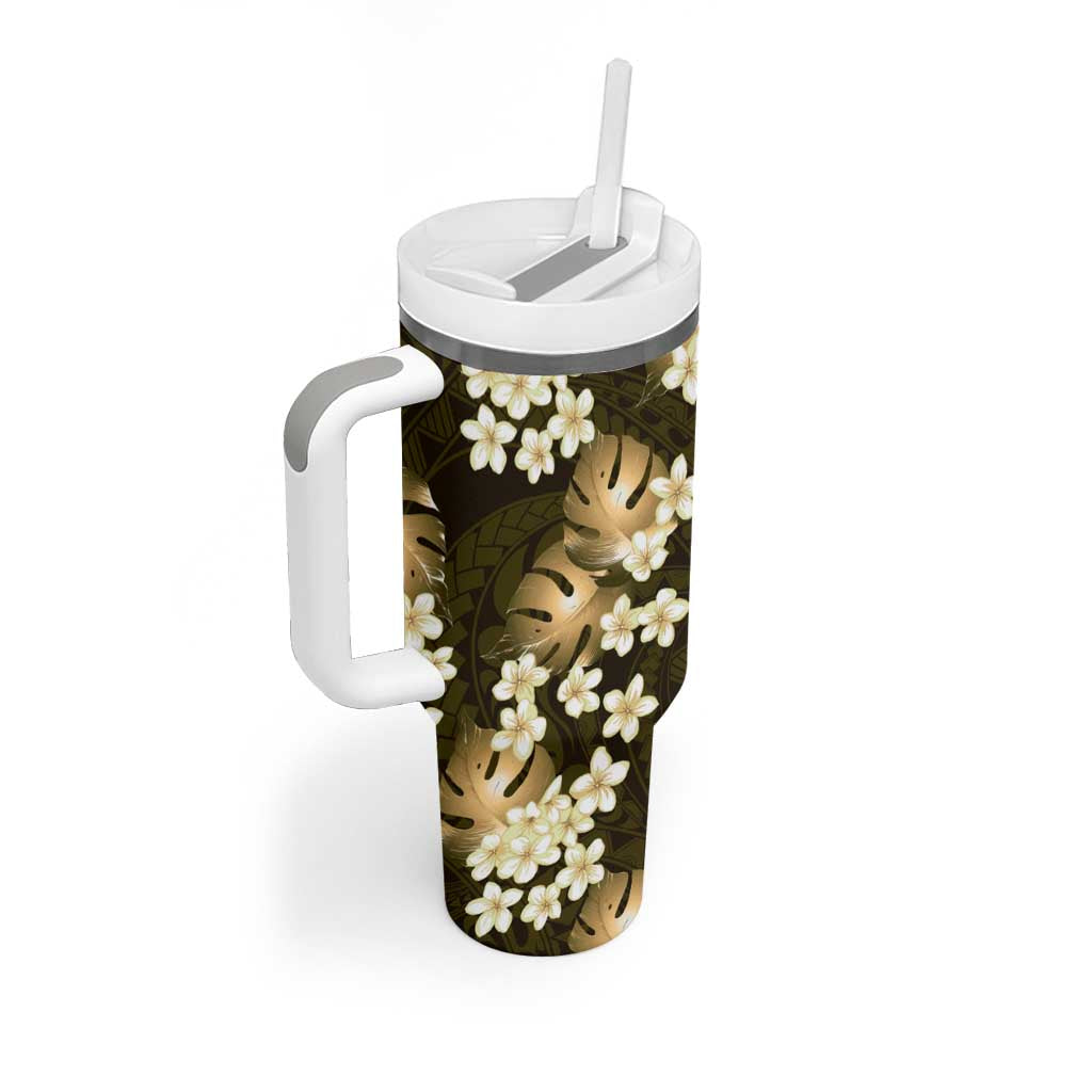 Gold Tropical Hawaii Tumbler With Handle Seamless Monstera Plumeria Hawaiian Pattern - Polynesian Pride