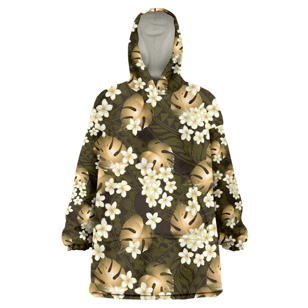 Gold Tropical Hawaii Wearable Blanket Hoodie Seamless Monstera Plumeria Hawaiian Pattern LT14 One Size Gold - Polynesian Pride
