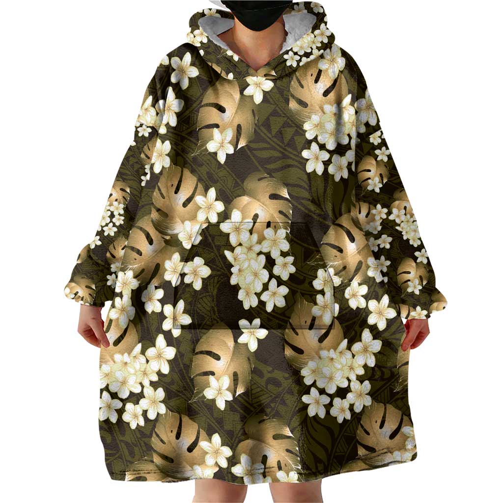 Gold Tropical Hawaii Wearable Blanket Hoodie Seamless Monstera Plumeria Hawaiian Pattern LT14 - Polynesian Pride