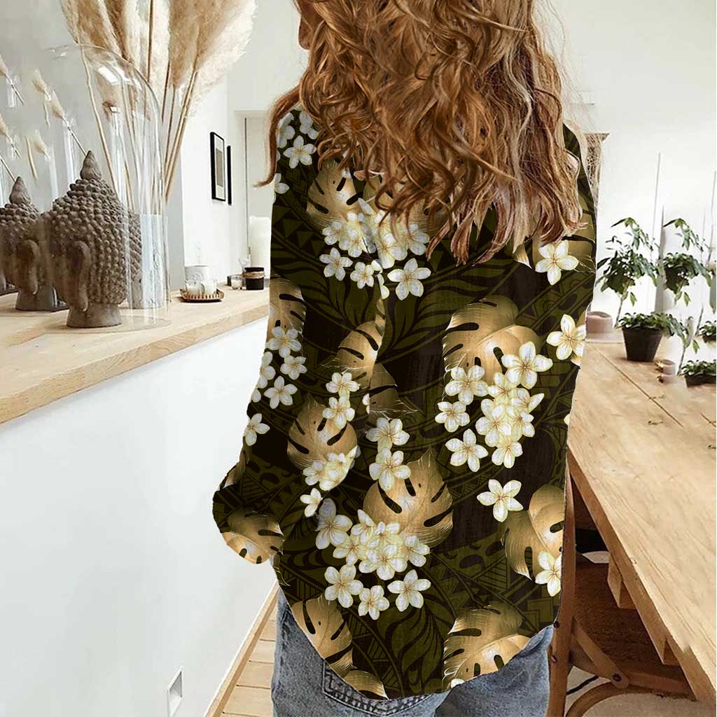 Gold Tropical Hawaii Women Casual Shirt Seamless Monstera Plumeria Hawaiian Pattern - Polynesian Pride