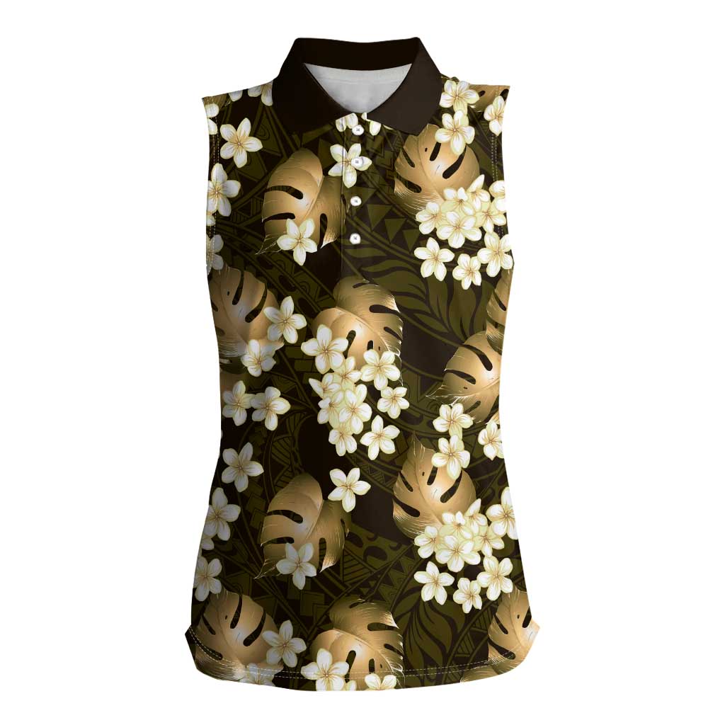 Gold Tropical Hawaii Women Sleeveless Polo Shirt Seamless Monstera Plumeria Hawaiian Pattern - Polynesian Pride
