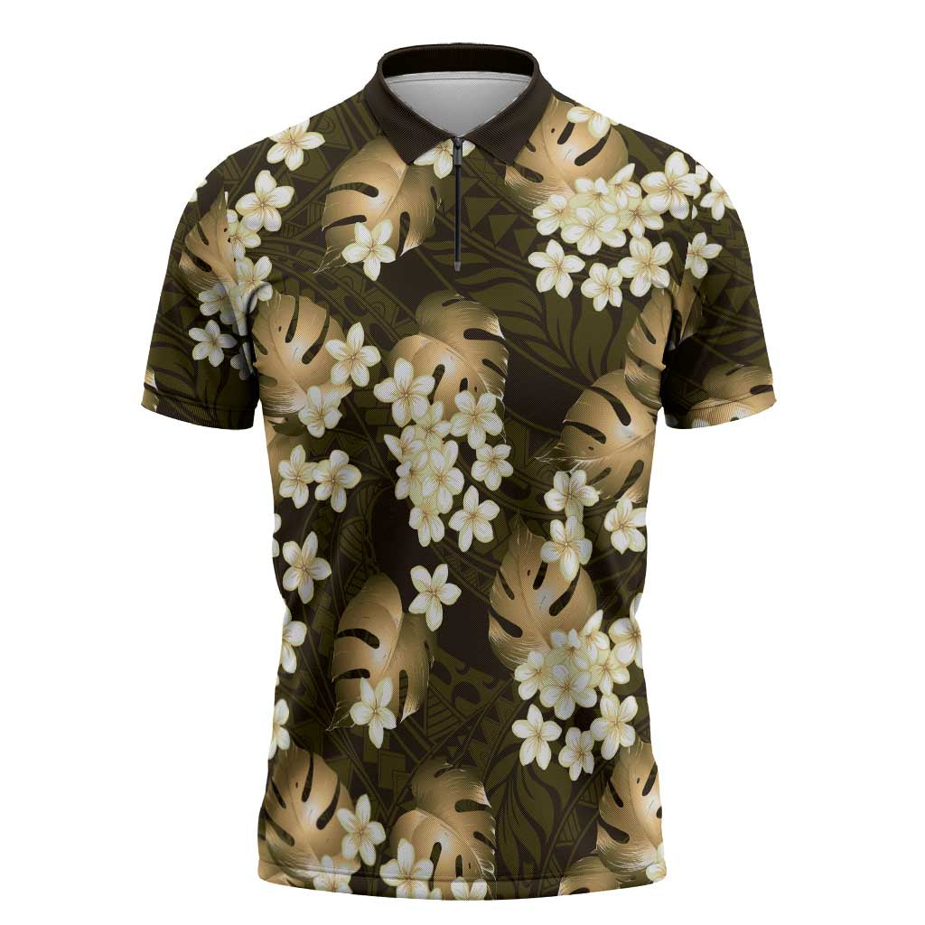 Gold Tropical Hawaii Zipper Polo Shirt Seamless Monstera Plumeria Hawaiian Pattern LT14 Gold - Polynesian Pride