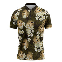 Gold Tropical Hawaii Zipper Polo Shirt Seamless Monstera Plumeria Hawaiian Pattern LT14 Gold - Polynesian Pride