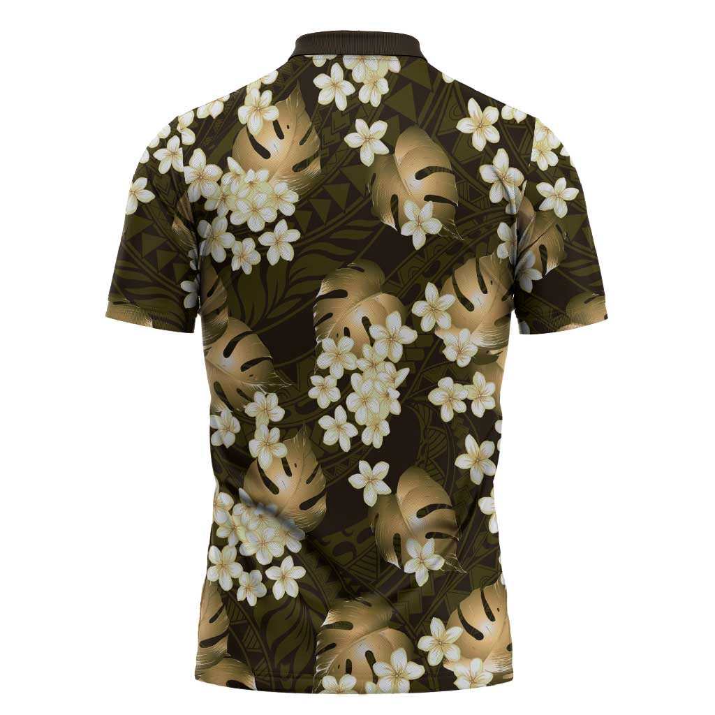 Gold Tropical Hawaii Zipper Polo Shirt Seamless Monstera Plumeria Hawaiian Pattern LT14 - Polynesian Pride