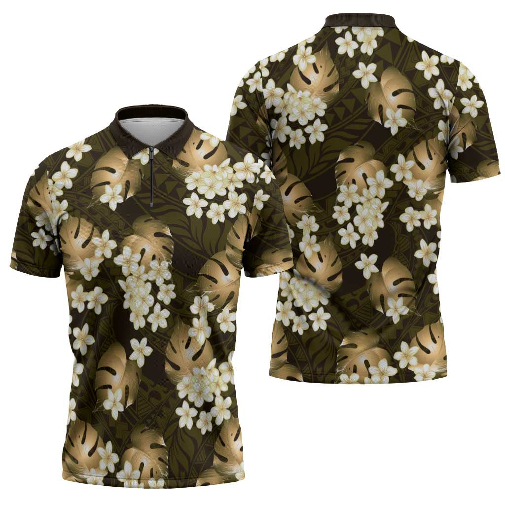 Gold Tropical Hawaii Zipper Polo Shirt Seamless Monstera Plumeria Hawaiian Pattern LT14 - Polynesian Pride