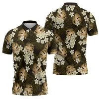 Gold Tropical Hawaii Zipper Polo Shirt Seamless Monstera Plumeria Hawaiian Pattern LT14 - Polynesian Pride