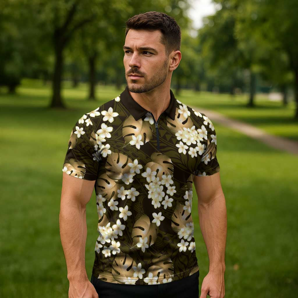 Gold Tropical Hawaii Zipper Polo Shirt Seamless Monstera Plumeria Hawaiian Pattern LT14 - Polynesian Pride