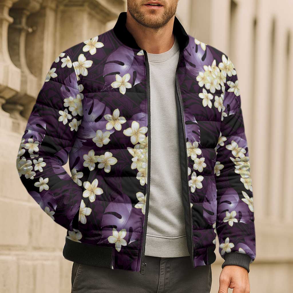 Purple Tropical Hawaii Bomber Puffer Jacket Seamless Monstera Plumeria Hawaiian Pattern LT14 - Polynesian Pride