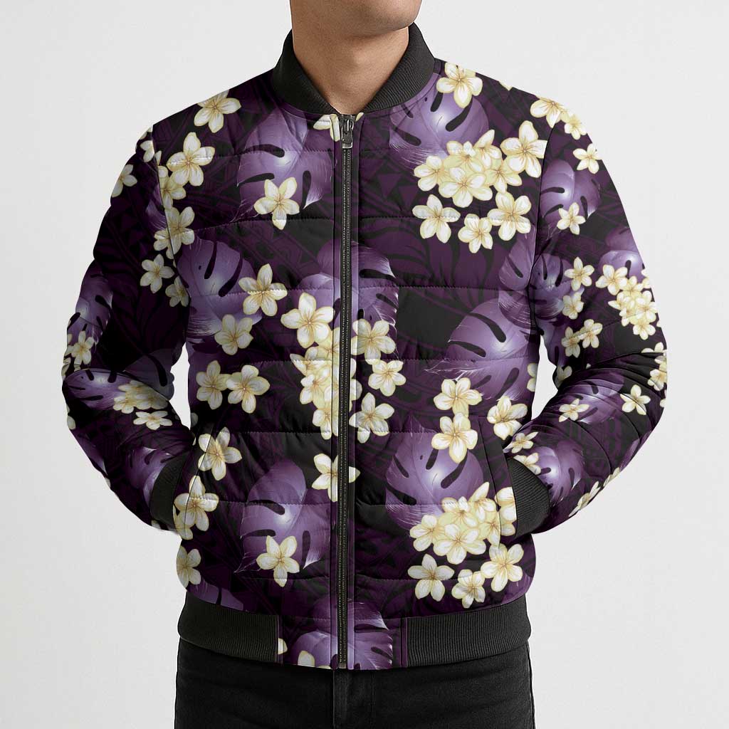 Purple Tropical Hawaii Bomber Puffer Jacket Seamless Monstera Plumeria Hawaiian Pattern LT14 - Polynesian Pride