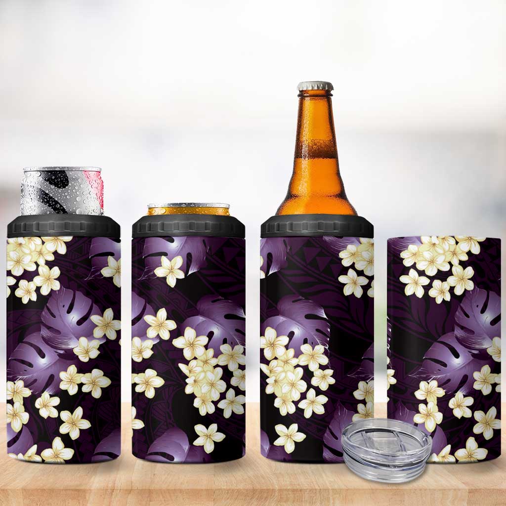 Purple Tropical Hawaii 4 in 1 Can Cooler Tumbler Seamless Monstera Plumeria Hawaiian Pattern - Polynesian Pride