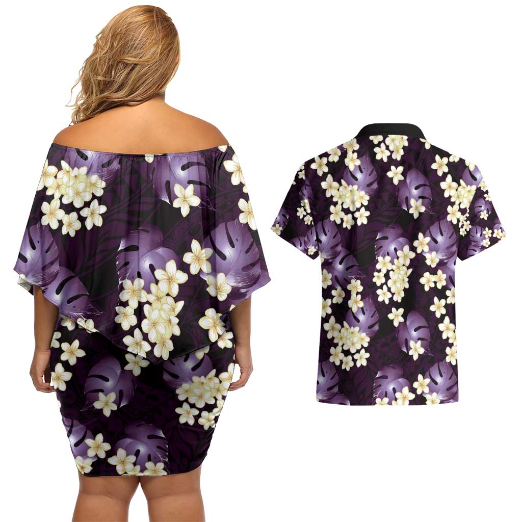 Purple Tropical Hawaii Couples Matching Off Shoulder Short Dress and Hawaiian Shirt Seamless Monstera Plumeria Hawaiian Pattern LT14 - Polynesian Pride