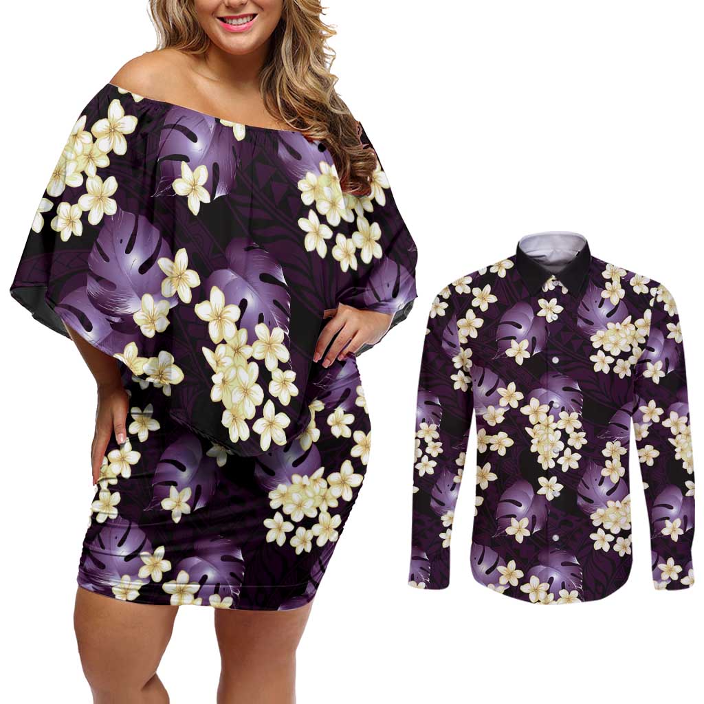 Purple Tropical Hawaii Couples Matching Off Shoulder Short Dress and Long Sleeve Button Shirt Seamless Monstera Plumeria Hawaiian Pattern LT14 Purple - Polynesian Pride