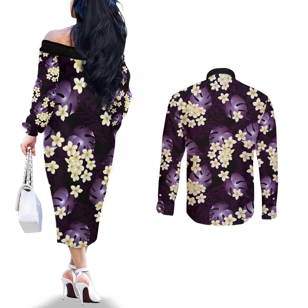 Purple Tropical Hawaii Couples Matching Off The Shoulder Long Sleeve Dress and Long Sleeve Button Shirt Seamless Monstera Plumeria Hawaiian Pattern - Polynesian Pride