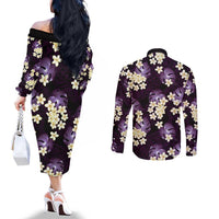 Purple Tropical Hawaii Couples Matching Off The Shoulder Long Sleeve Dress and Long Sleeve Button Shirt Seamless Monstera Plumeria Hawaiian Pattern - Polynesian Pride