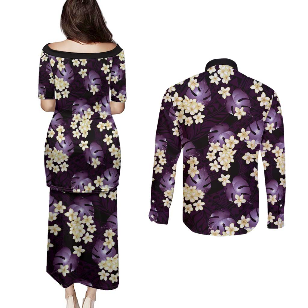 Purple Tropical Hawaii Couples Matching Puletasi and Long Sleeve Button Shirt Seamless Monstera Plumeria Hawaiian Pattern LT14 - Polynesian Pride