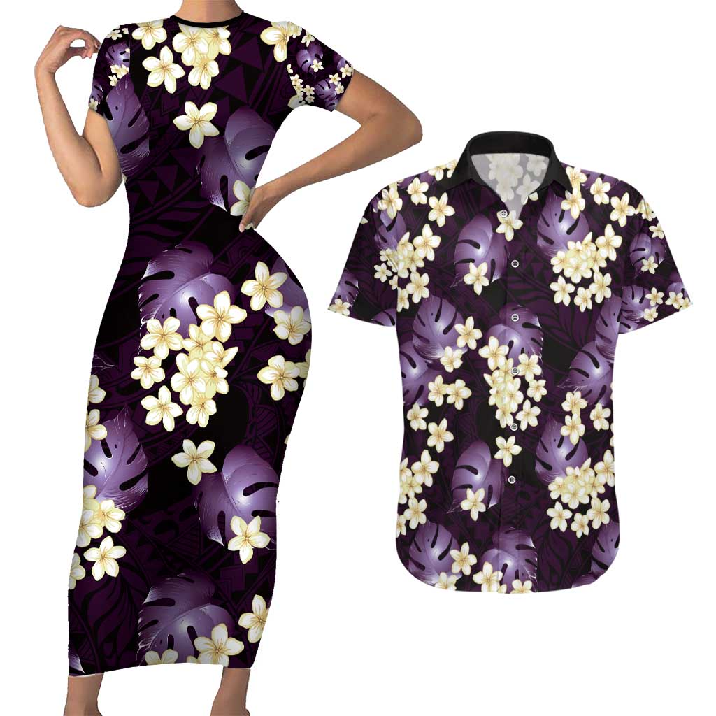 Purple Tropical Hawaii Couples Matching Short Sleeve Bodycon Dress and Hawaiian Shirt Seamless Monstera Plumeria Hawaiian Pattern LT14 Purple - Polynesian Pride