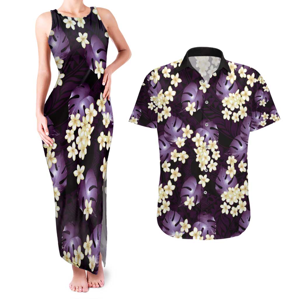 Purple Tropical Hawaii Couples Matching Tank Maxi Dress and Hawaiian Shirt Seamless Monstera Plumeria Hawaiian Pattern LT14 Purple - Polynesian Pride