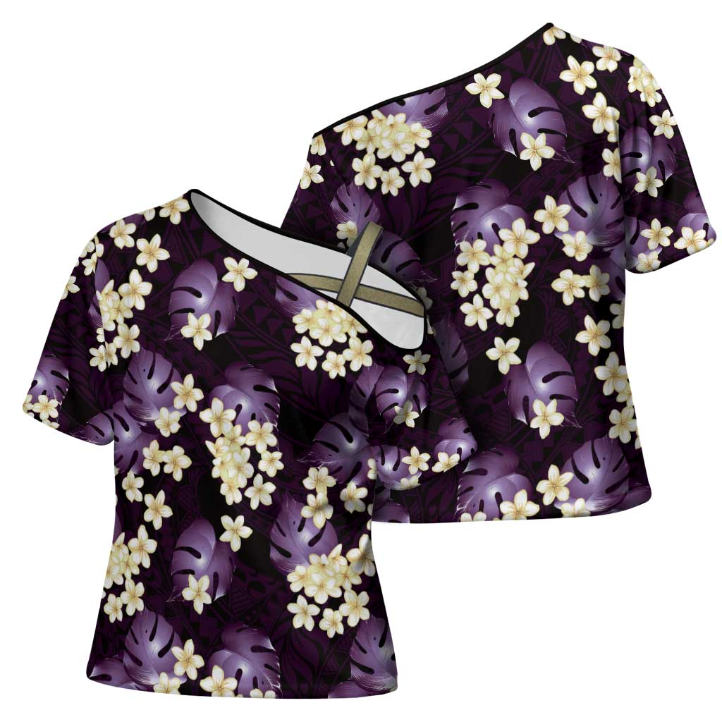 Purple Tropical Hawaii Cross Shoulder Shirt Seamless Monstera Plumeria Hawaiian Pattern LT14 - Polynesian Pride