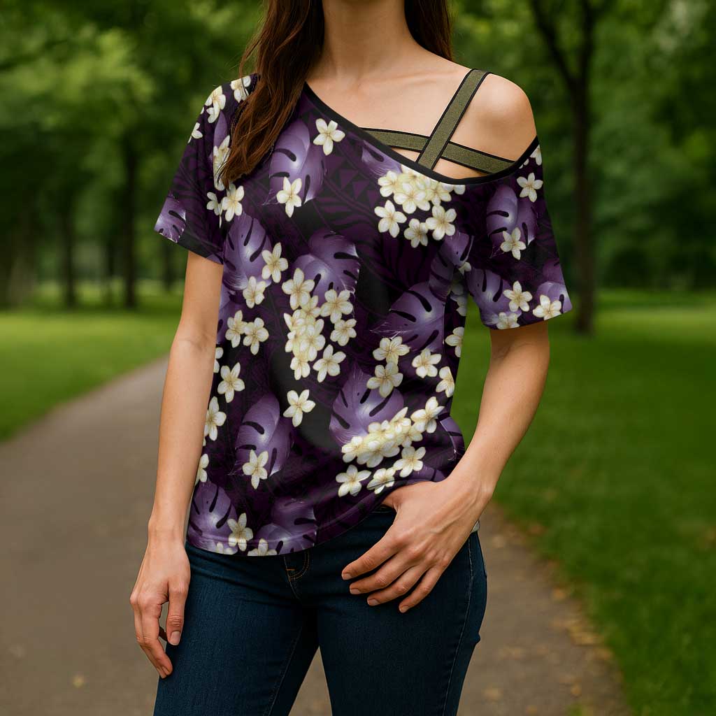Purple Tropical Hawaii Cross Shoulder Shirt Seamless Monstera Plumeria Hawaiian Pattern LT14 - Polynesian Pride