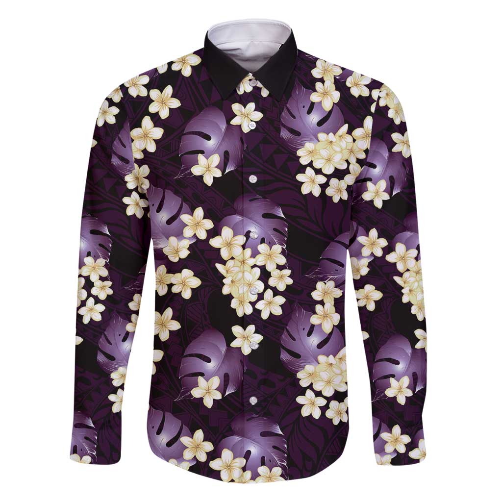 Purple Tropical Hawaii Family Matching Long Sleeve Bodycon Dress and Hawaiian Shirt Seamless Monstera Plumeria Hawaiian Pattern - Polynesian Pride