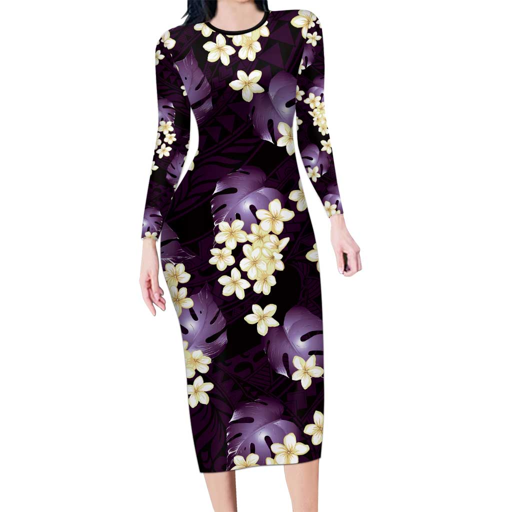 Purple Tropical Hawaii Family Matching Long Sleeve Bodycon Dress and Hawaiian Shirt Seamless Monstera Plumeria Hawaiian Pattern - Polynesian Pride