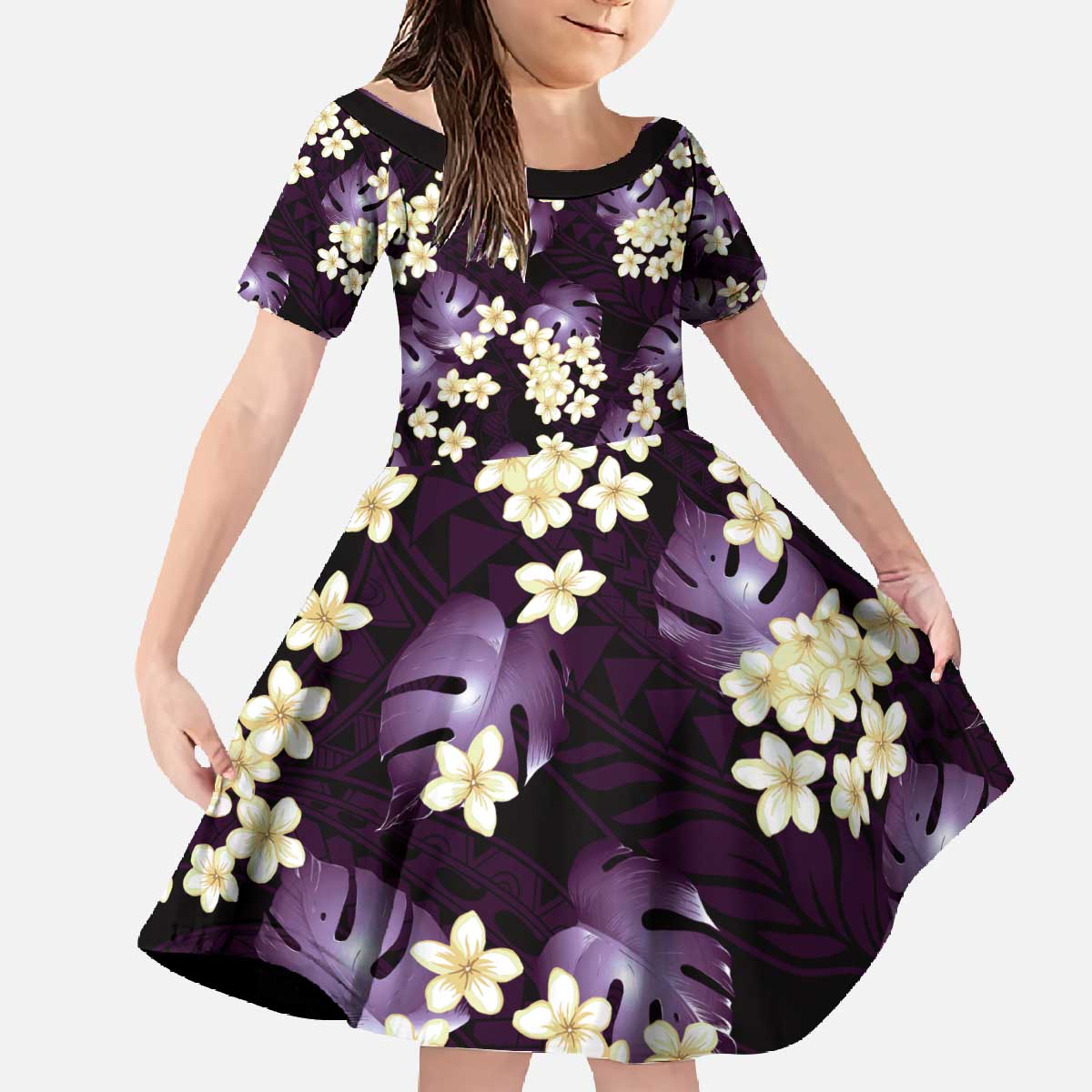 Purple Tropical Hawaii Family Matching Off The Shoulder Long Sleeve Dress and Hawaiian Shirt Seamless Monstera Plumeria Hawaiian Pattern - Polynesian Pride