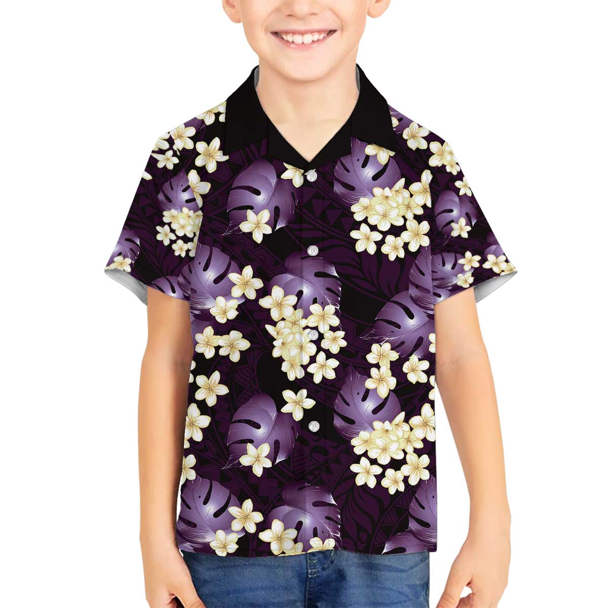 Purple Tropical Hawaii Family Matching Off The Shoulder Long Sleeve Dress and Hawaiian Shirt Seamless Monstera Plumeria Hawaiian Pattern - Polynesian Pride