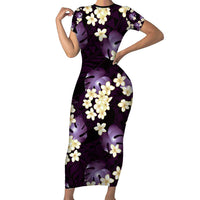 Purple Tropical Hawaii Family Matching Short Sleeve Bodycon Dress and Hawaiian Shirt Seamless Monstera Plumeria Hawaiian Pattern - Polynesian Pride
