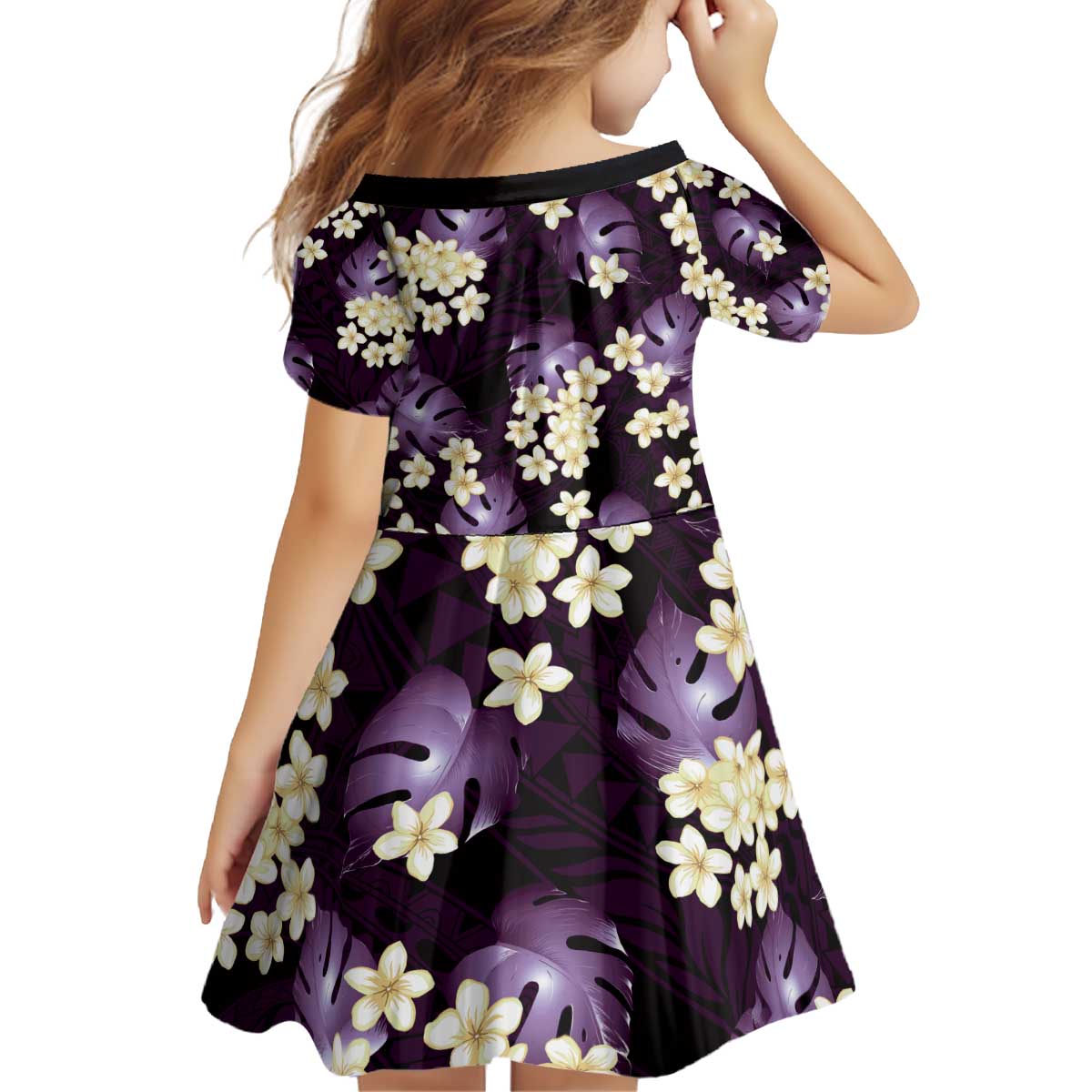 Purple Tropical Hawaii Kid Short Sleeve Dress Seamless Monstera Plumeria Hawaiian Pattern - Polynesian Pride