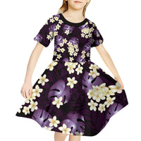 Purple Tropical Hawaii Kid Short Sleeve Dress Seamless Monstera Plumeria Hawaiian Pattern - Polynesian Pride