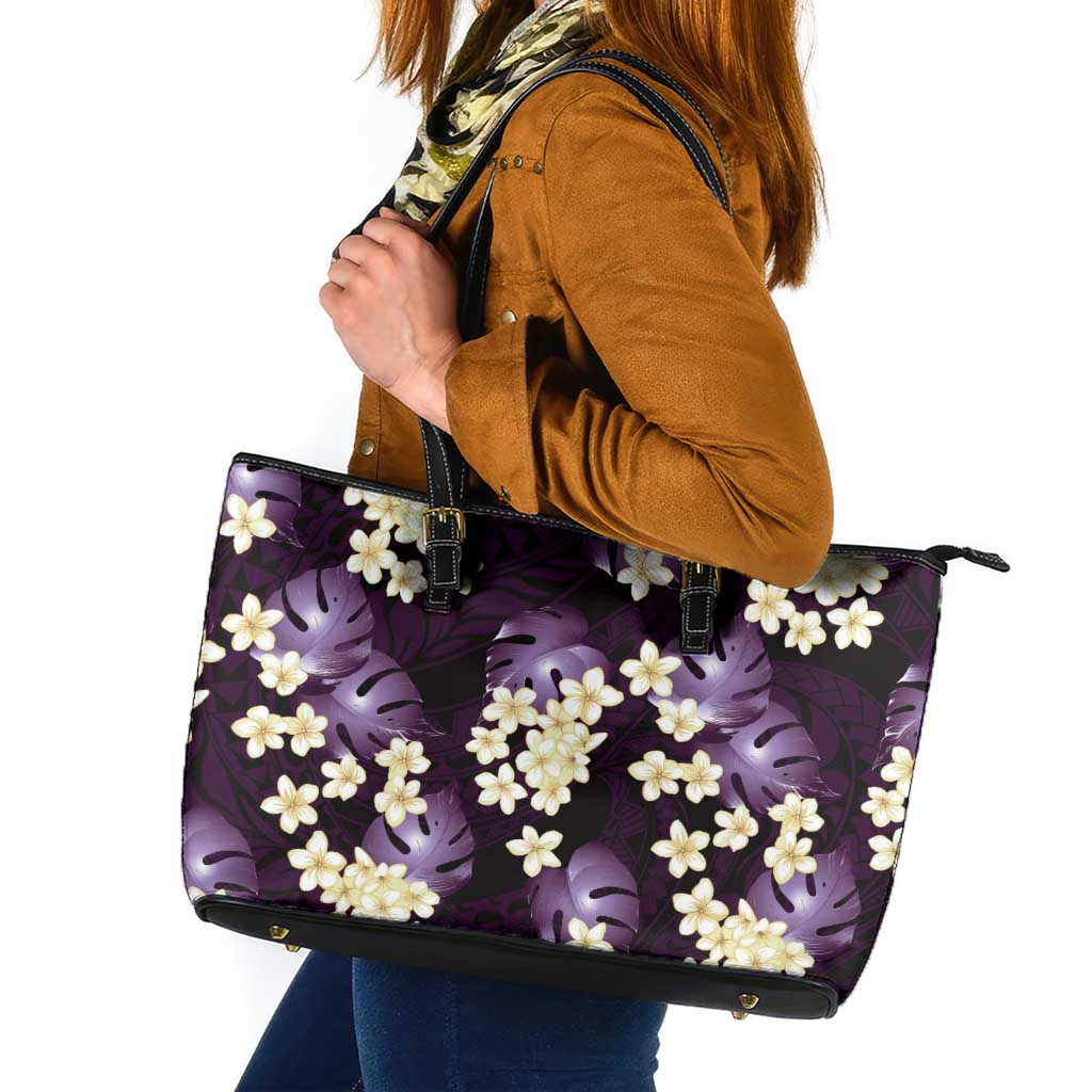 Purple Tropical Hawaii Leather Tote Bag Seamless Monstera Plumeria Hawaiian Pattern - Polynesian Pride
