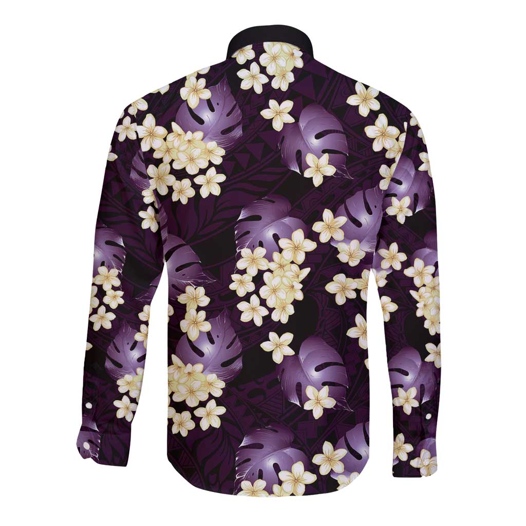 Purple Tropical Hawaii Long Sleeve Button Shirt Seamless Monstera Plumeria Hawaiian Pattern LT14 - Polynesian Pride