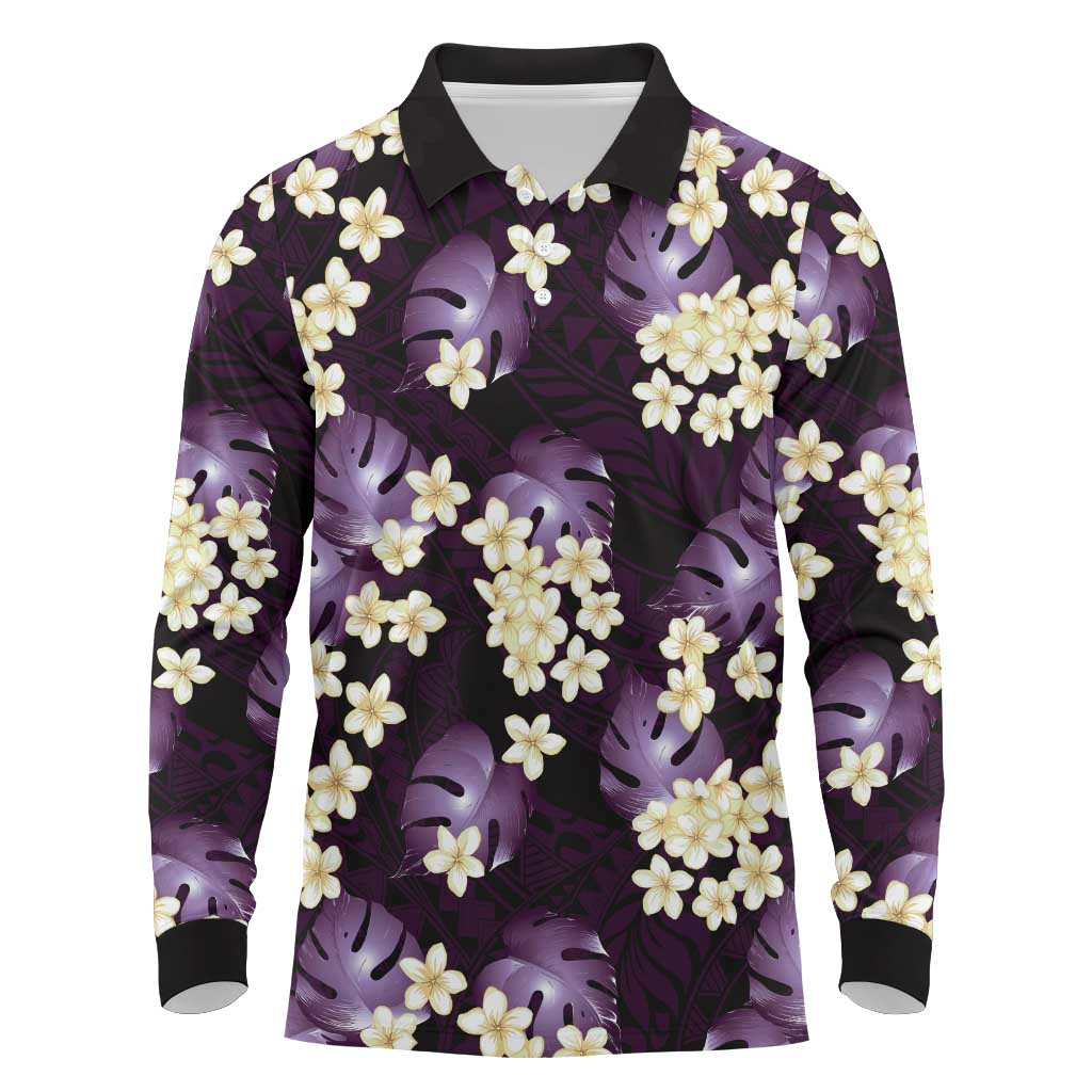 Purple Tropical Hawaii Long Sleeve Polo Shirt Seamless Monstera Plumeria Hawaiian Pattern LT14 Purple - Polynesian Pride