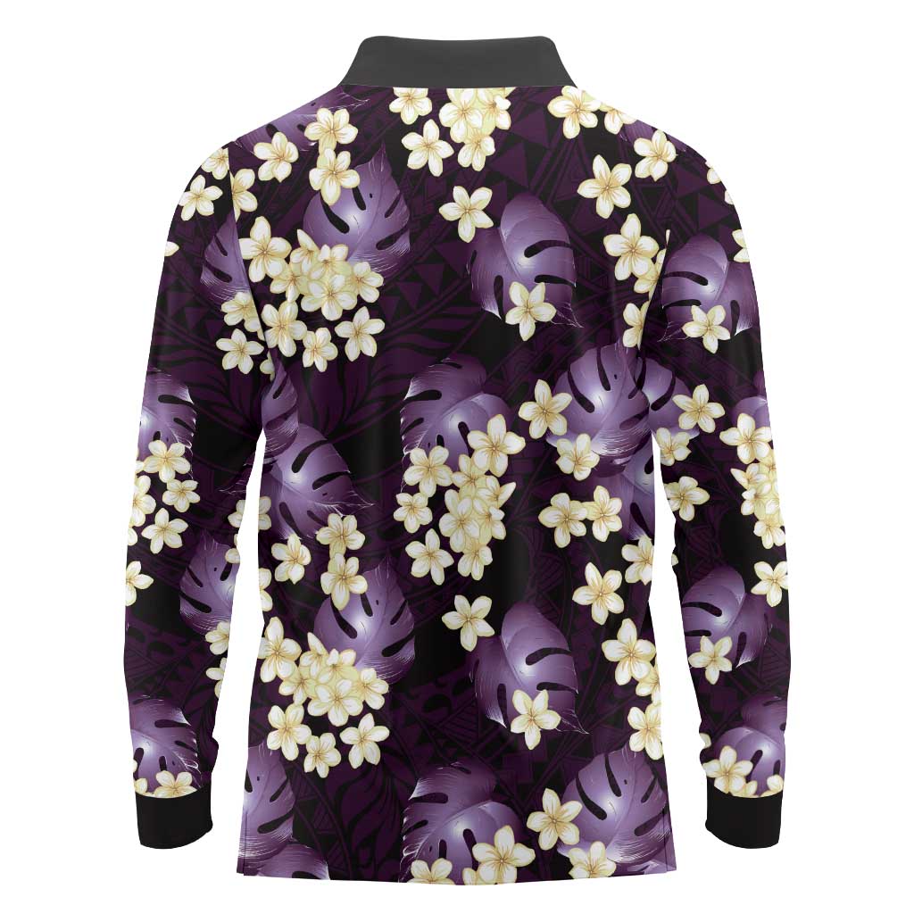Purple Tropical Hawaii Long Sleeve Polo Shirt Seamless Monstera Plumeria Hawaiian Pattern LT14 - Polynesian Pride