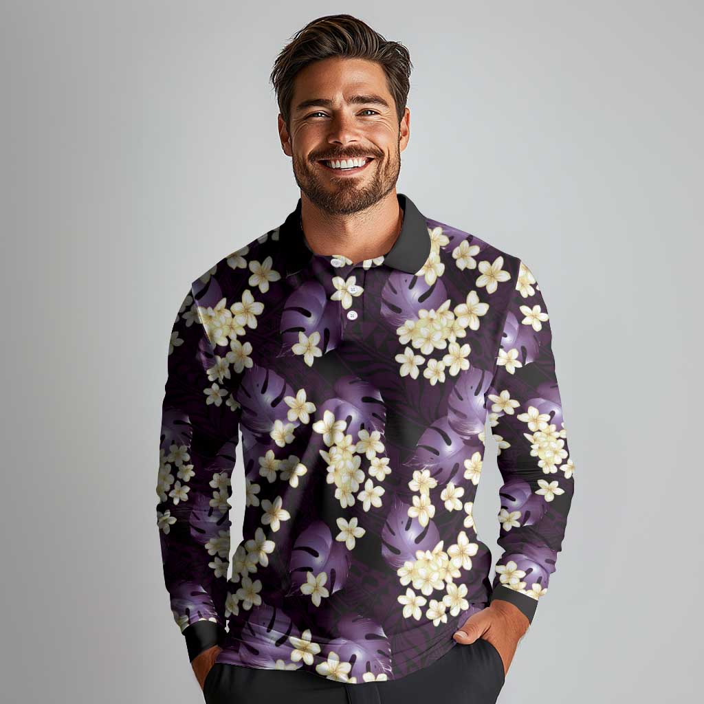 Purple Tropical Hawaii Long Sleeve Polo Shirt Seamless Monstera Plumeria Hawaiian Pattern LT14 - Polynesian Pride