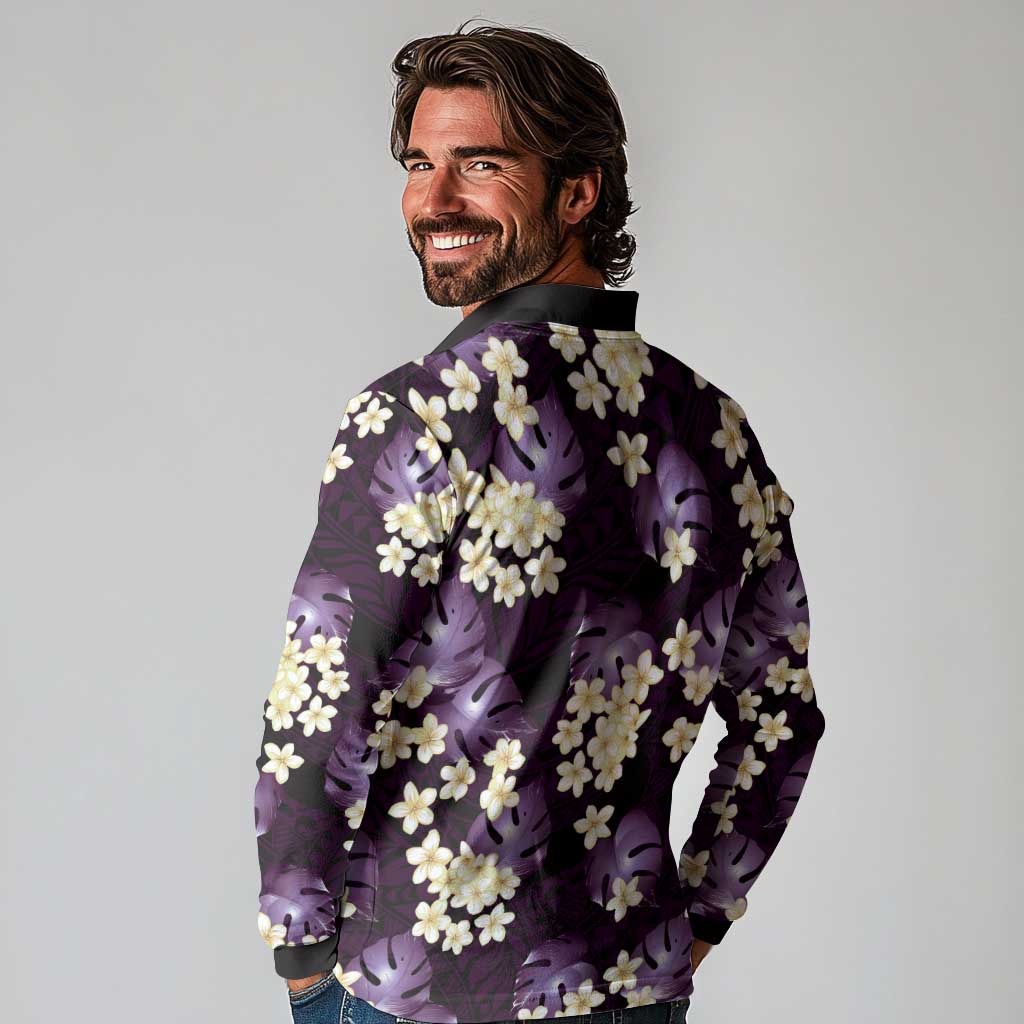 Purple Tropical Hawaii Long Sleeve Polo Shirt Seamless Monstera Plumeria Hawaiian Pattern LT14 - Polynesian Pride