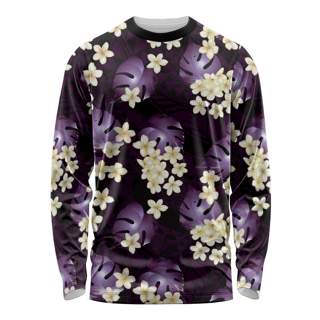 Purple Tropical Hawaii Long Sleeve Shirt Seamless Monstera Plumeria Hawaiian Pattern LT14 Unisex Purple - Polynesian Pride