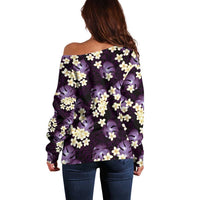 Purple Tropical Hawaii Off Shoulder Sweater Seamless Monstera Plumeria Hawaiian Pattern - Polynesian Pride