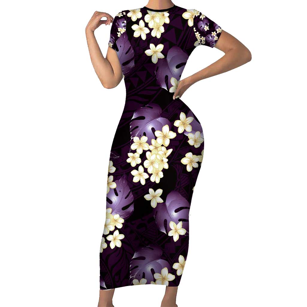 Purple Tropical Hawaii Short Sleeve Bodycon Dress Seamless Monstera Plumeria Hawaiian Pattern - Polynesian Pride