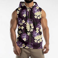 Purple Tropical Hawaii Sleeveless Zip Hoodie Seamless Monstera Plumeria Hawaiian Pattern - Polynesian Pride