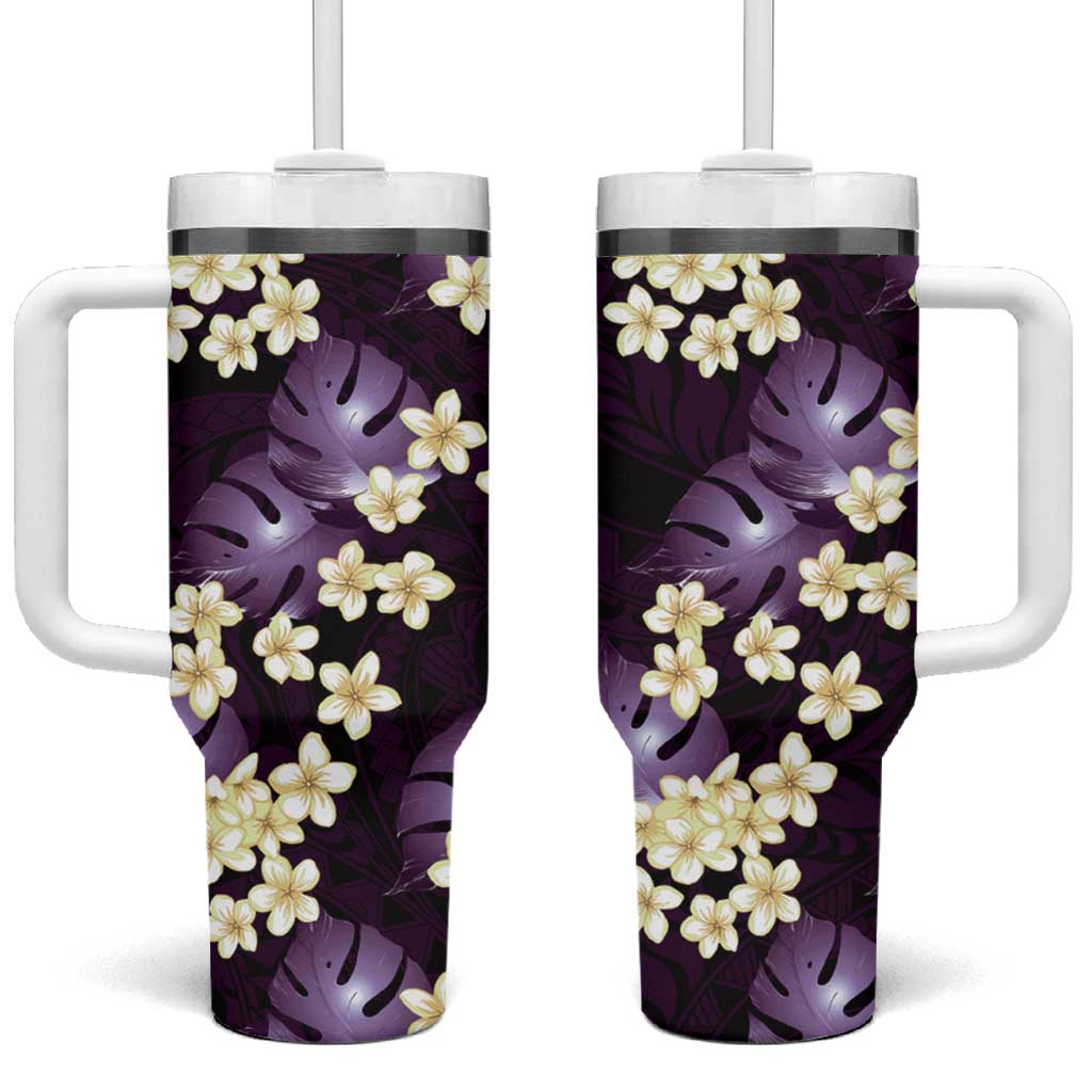 Purple Tropical Hawaii Tumbler With Handle Seamless Monstera Plumeria Hawaiian Pattern - Polynesian Pride