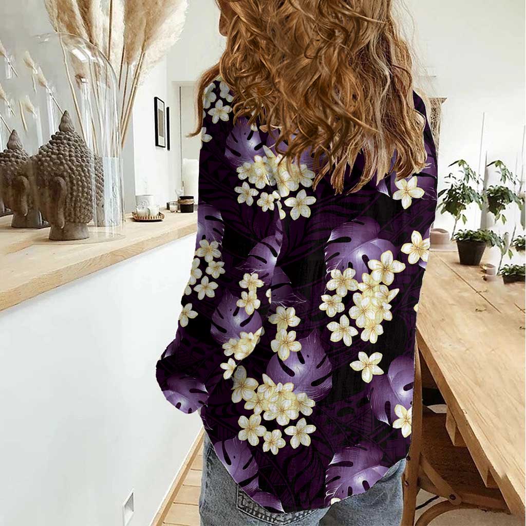 Purple Tropical Hawaii Women Casual Shirt Seamless Monstera Plumeria Hawaiian Pattern - Polynesian Pride