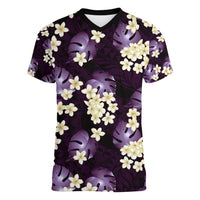 Purple Tropical Hawaii Women V-Neck T-Shirt Seamless Monstera Plumeria Hawaiian Pattern - Polynesian Pride