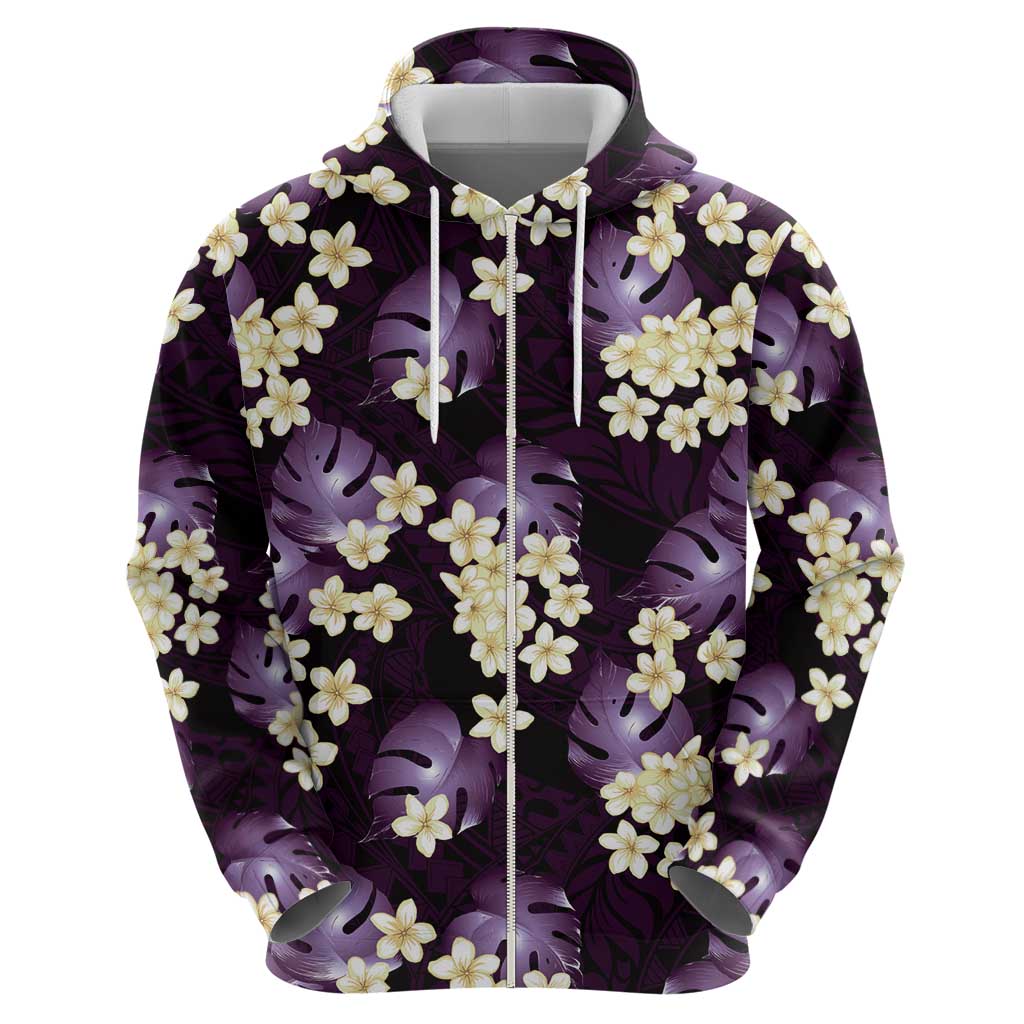 Purple Tropical Hawaii Zip Hoodie Seamless Monstera Plumeria Hawaiian Pattern - Polynesian Pride