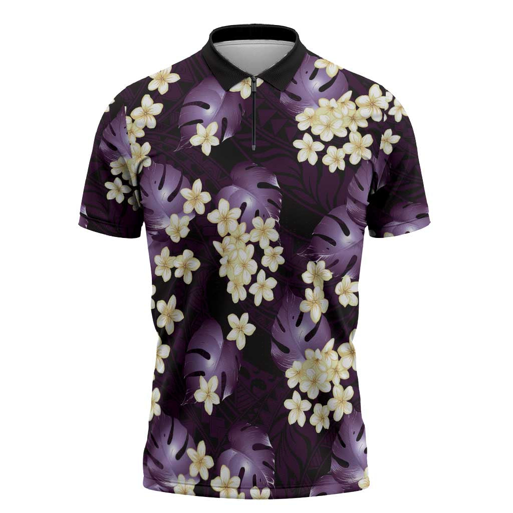 Purple Tropical Hawaii Zipper Polo Shirt Seamless Monstera Plumeria Hawaiian Pattern LT14 Purple - Polynesian Pride