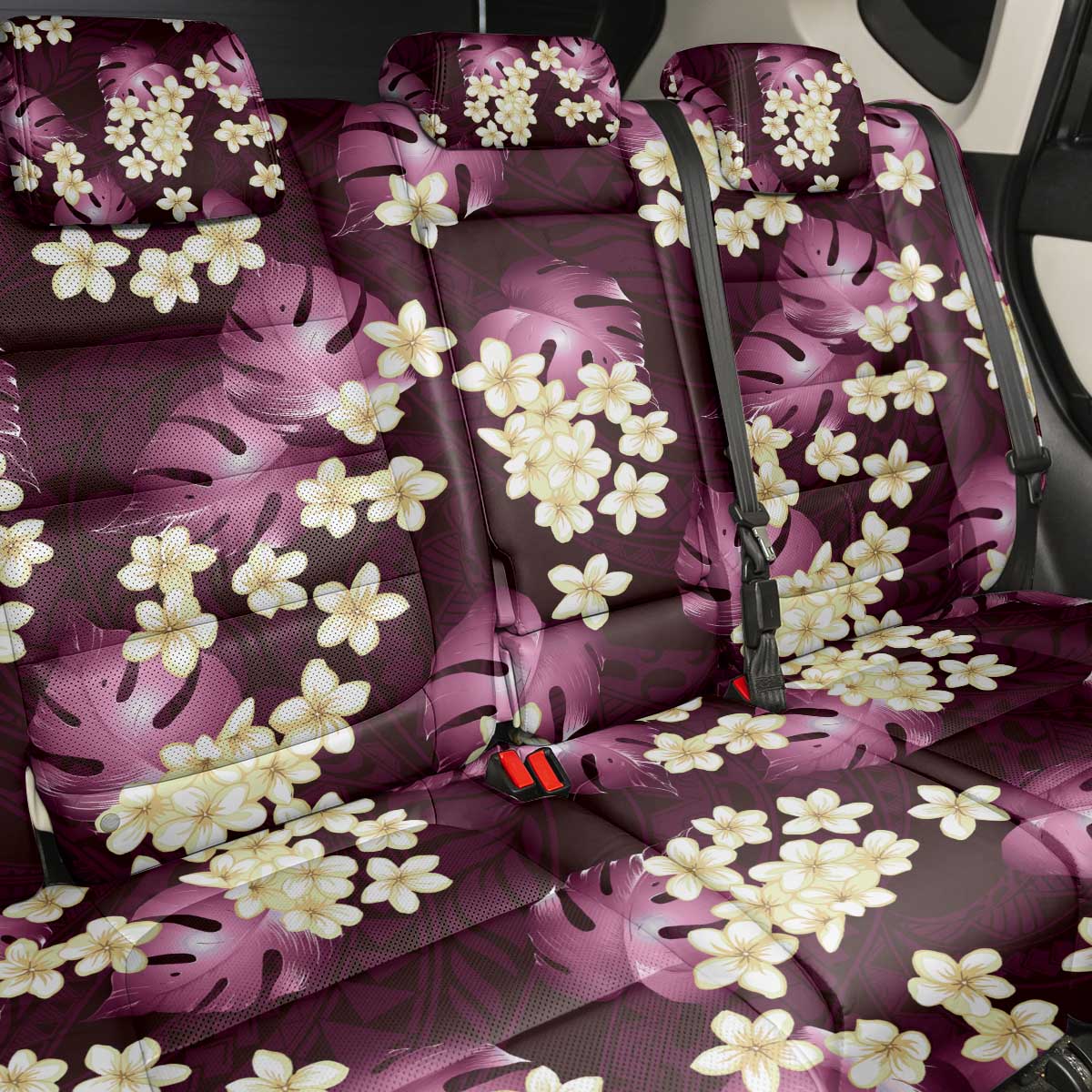Pink Tropical Hawaii Back Car Seat Cover Seamless Monstera Plumeria Hawaiian Pattern - Polynesian Pride