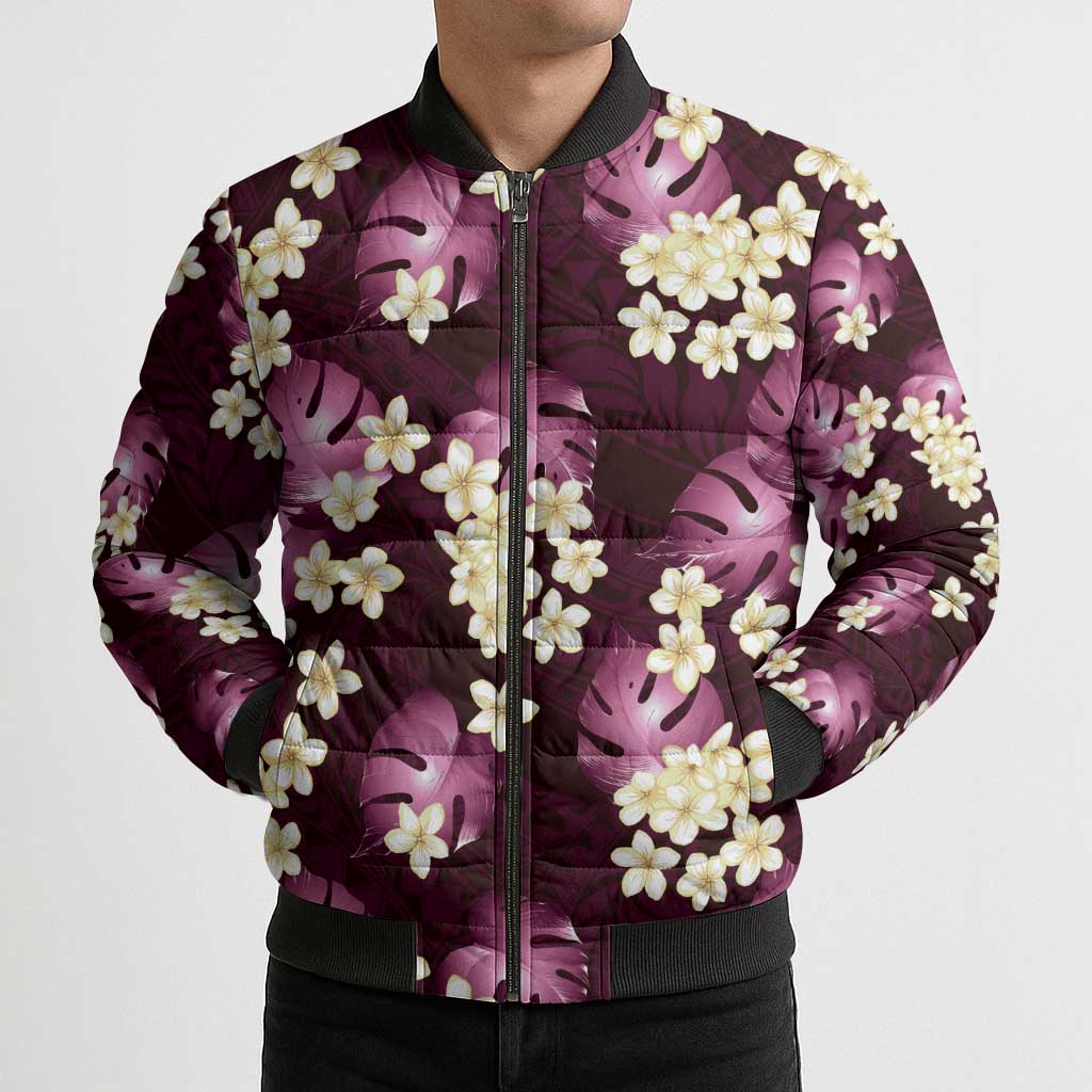 Pink Tropical Hawaii Bomber Puffer Jacket Seamless Monstera Plumeria Hawaiian Pattern LT14 - Polynesian Pride