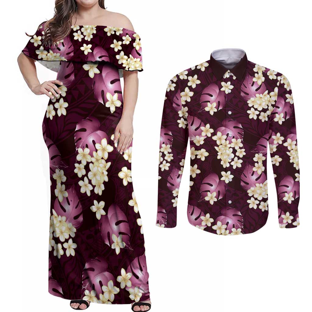 Pink Tropical Hawaii Couples Matching Off Shoulder Maxi Dress and Long Sleeve Button Shirt Seamless Monstera Plumeria Hawaiian Pattern LT14 Pink - Polynesian Pride